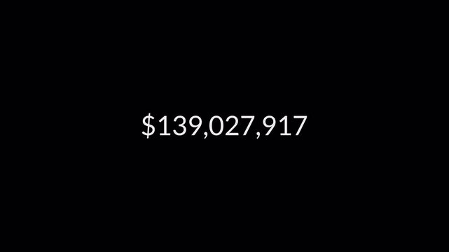 Dollar counting animation from zero to twenty five million on a black background, 0 to 250,000,000 dollar money counter animation with alpha channel in 4k.