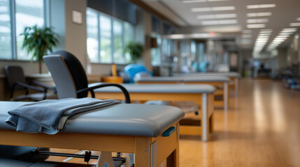 Fototapeta premium Modern rehabilitation room in health clinic, defocused with various equipment, therapeutic facility, physical therapy space, recovery environment, with copy space