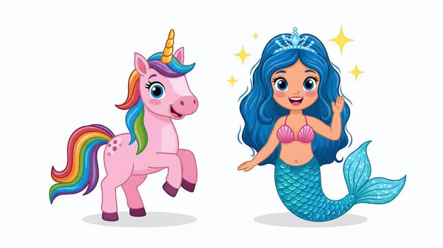 Cute Pink Unicorn And Mermaid Princess With Blue Hair