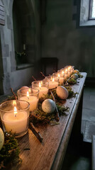 Candles glow on wooden table surrounded by moss and decorative eggs. Scene captures atmosphere in peaceful space with soft lighting. Concept of interior design, spirituality, relaxation