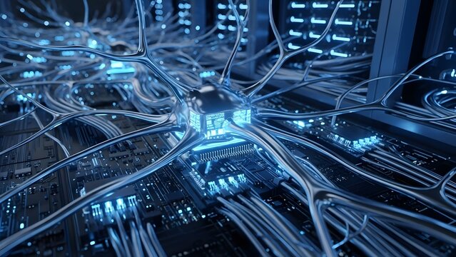 Intricate blue network cables in data center illumination.