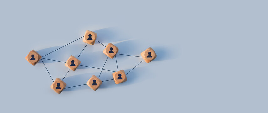 Organizational network structure with connected people icons on wooden blocks, showing team collaboration, stakeholder mapping, social graph, and business communication on a light background