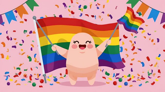 Cute Pixel Character Celebrates Pride Day Holding Rainbow Flag