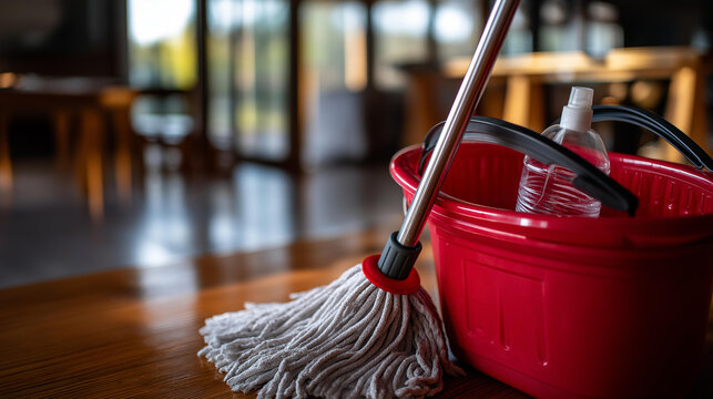 Closeup of red bucket and mop for cleaning premises, cleaning supplies concept, tidy home maintenance, household chores equipment, janitorial tools, sparkling clean floors,