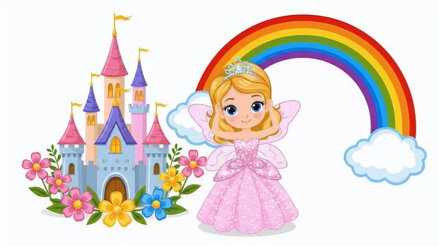 Cute Pink Princess Castle Rainbow Clouds Fantasy Footage Loop