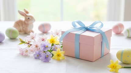 Gift box sits on white table surrounded by flowers and decorative eggs. Soft light from window creates bright setting. Concept of Easter, seasonal celebration, gift giving