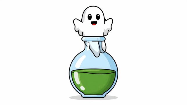 Cute Pixel Ghost Character Emerging From Green Potion Bottle Loop
