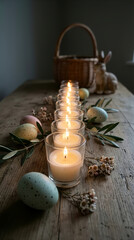 Candles glow on wooden table with colored eggs and floral accents. Basket holds decorative items in warm indoor setting. Concept of home decor, celebrations, holidays