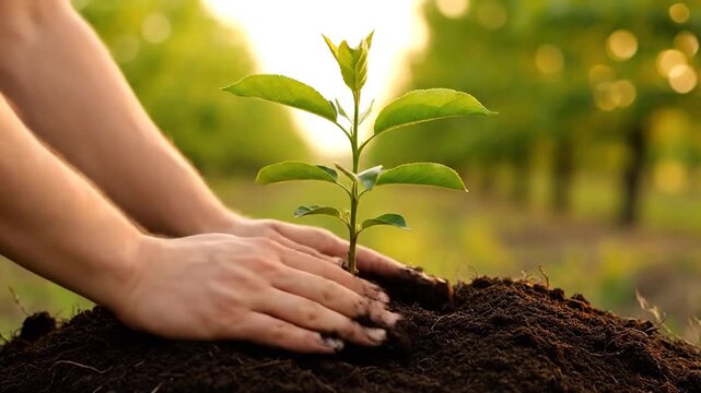 Person's hands planting a small green sapling in dark soil with a green bokeh background
