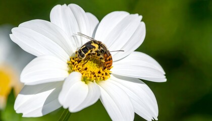 Obraz premium Insect gathering nectar from a white flower with a bright yellow center against a blurry green background