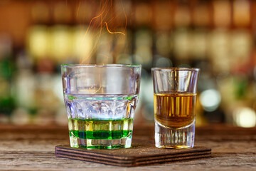 Cocktail with whiskey on the bar