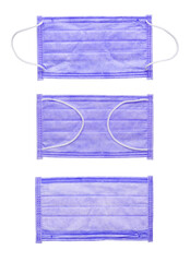 Set of azure medical masks isolated on white background. Different views of protective surgical masks for respiratory health. Collection of sanitary face covers.