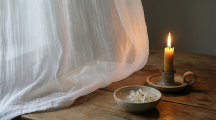 Candle burns on table next to bowl with small flowers. Sheer curtain moves gently in a soft light. Concept of home decor, relaxation, wellness