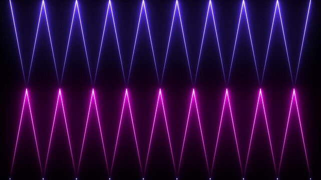 An abstract digital artwork features repeating v shaped light patterns in vibrant shades of blue and magenta on a black background high quality