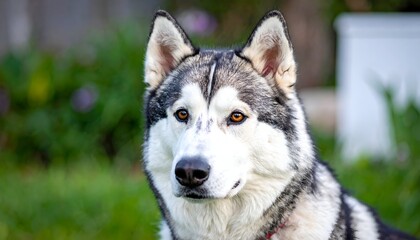 Obraz premium Headshot of a majestic husky, gray and white fur, with striking amber eyes, outdoors, amidst blurred greenery