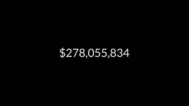 Dollar counting animation from zero to five billion on a black background, 0 to 500,000,000 dollar money counter animation with alpha channel in 4k.