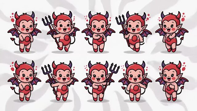 Cute Red Devil Baby Character Poses Animated Loop