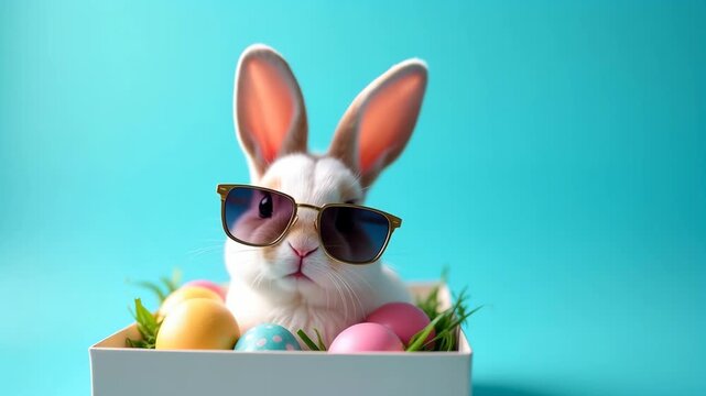 Happy Easter concept holiday greeting card - Cool Easter bunny, rabbit with sunglasses, sitting in a gift box with Easter eggs, isolated on a blue background