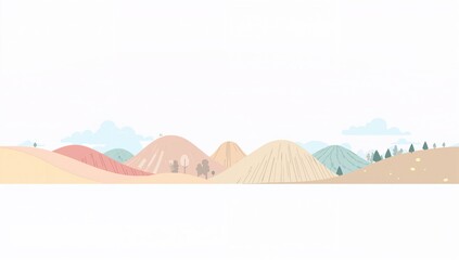 Colorful Landscape Illustration with Stylized Hills and Clouds