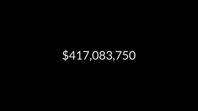 Dollar counting animation from zero to seven hundred and fifty million on a black background, 0 to 750,000,000 dollar money counter animation with alpha channel in 4k.