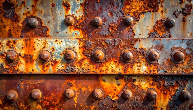 Heavily corroded metal bridge section with rivet lines and a rich rust colored surface, close up