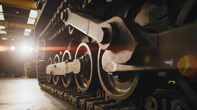 Close-up of a tanks tracks and wheels in a factory setting.