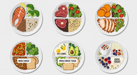 Healthy balanced meal plates with different food groups.