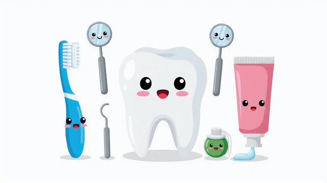 Cute Toothbrush Toothpaste Dental Tools White Background Animation