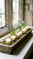 Candles glow softly among flowers and eggs in wooden box. Fresh greenery creates a warm atmosphere. Bright window setting in rustic home decor