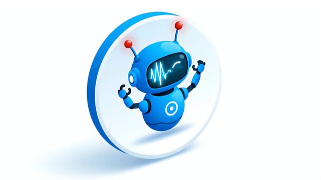 Cute Blue Robot with Antennas on White Circle Background Footage