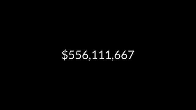 Dollar counting animation from zero to ten billion on a black background, 0 to 1,000,000,000 dollar money counter animation with alpha channel in 4k.
