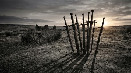 Obraz premium Ancient Rusty Swords Stuck in Cracked Earth