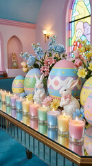 Easter decorations arranged with large pastel eggs, bunnies, and lit candles. Bright flowers enhance charm in indoor space. Concept of holiday celebration, event planning, seasonal decor