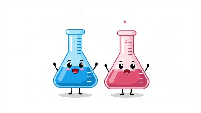 Cute Cartoon Lab Flasks Fun Animation Dancing White Background