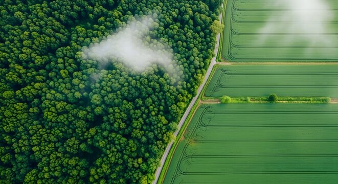 Vista a&eacute;rea desde un dron a trav&eacute;s de nubes blancas en un campo verde y un bosque con una carretera y un coche que pasa.
 dise&ntilde;o natural
