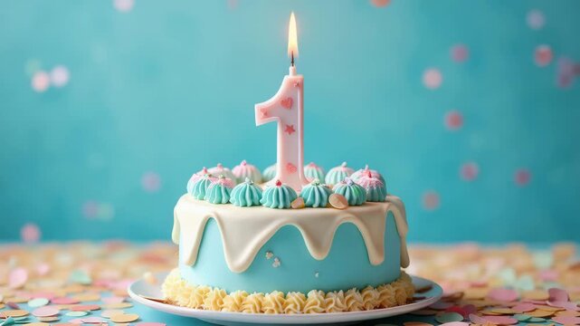 Blue birthday cake with number one candle lit and colorful confetti falling, celebration footage.