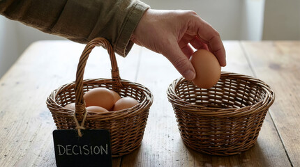 Hand lifts egg from basket in simple wooden environment. Natural light fills space highlighting decision making moment. Concept of food choices, cooking, kitchen