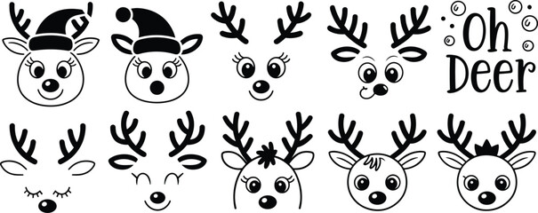 Cartoon reindeer faces silhouettes, Christmas design, Santa hats, festive expressions, holiday decoration, funny antlers, winter artwork, seasonal vector illustration © Kamrul