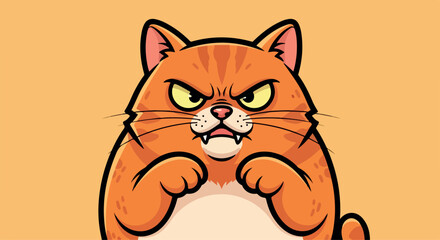 Obraz premium Angry orange cartoon cat with green eyes and fists up against a solid orange background in a comic style.