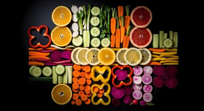 Fondo de verduras y frutas.
 Vista superior de puestos con productos vegetales org&aacute;nicos en el mercado o tienda de agricultores.
 Productos para una dieta saludable.
 Escaparate de colores brillantes.