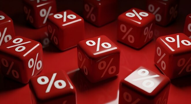 Mont&oacute;n de cubos o dados rojos con borde de s&iacute;mbolo de porcentaje sobre fondo rojo, concepto de venta, descuento o reducci&oacute;n de precio de venta, vista plana desde arriba