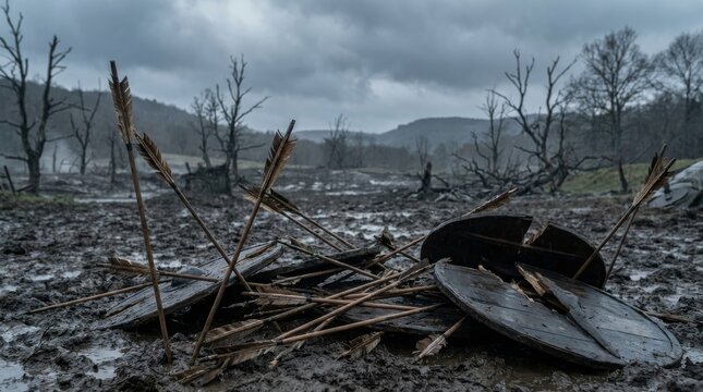 Battlefield of splintered arrows and broken shields