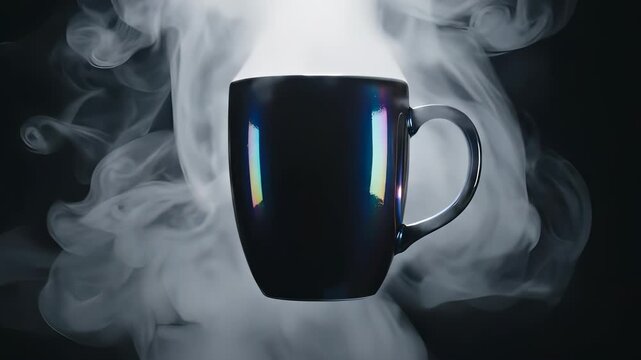 Steaming Black Coffee Mug with Vapor on Dark Background.