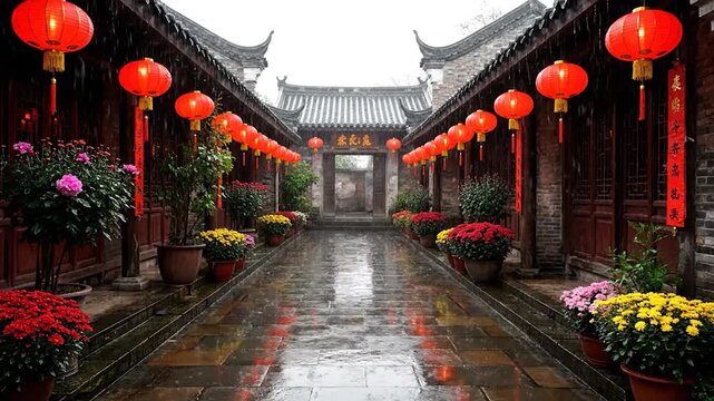 Rainy courtyard with lanterns and flowers, lined with traditional buildings, in a cultural scene