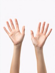 Two hands raised open palms gesture white background minimal clean design concept