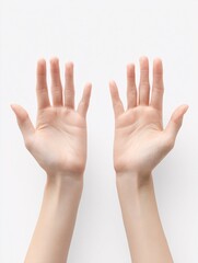 Two hands raised open palms gesture isolated white background minimal clean design