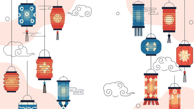 Elegant hanging chinese lanterns in red and blue shades celebrate oriental culture and festive holiday traditions.
