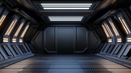 Fototapeta premium Futuristic spaceship with illuminated large door advanced spacecraft design exploration.