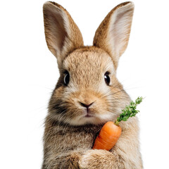 Obraz premium PNG of A cute brown rabbit holding a fresh carrot.
