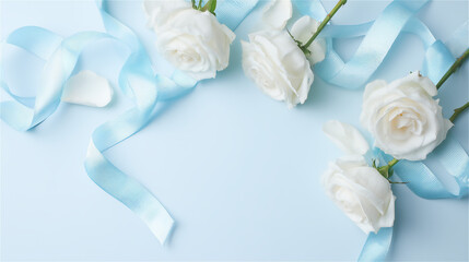 水色のリボンと白いバラをあしらったフレーム背景